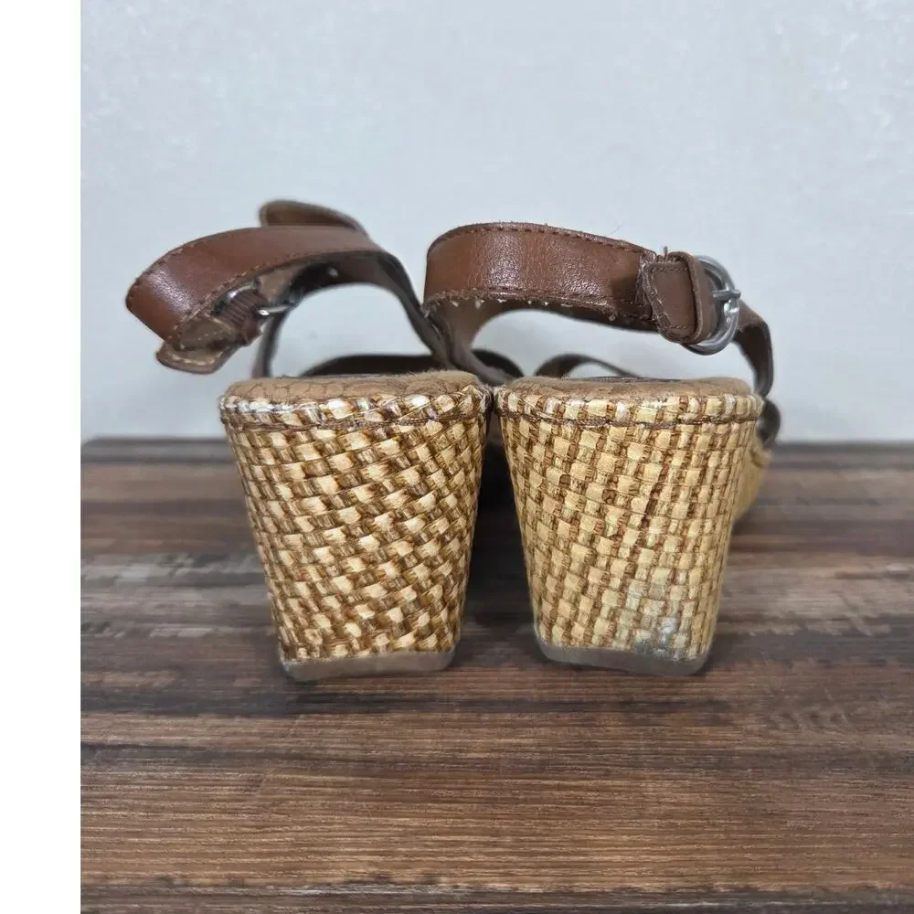 Born Concept Woman's Brown Leather Wedge Heel Tan Weave Sandal Size 9 Boho Indie